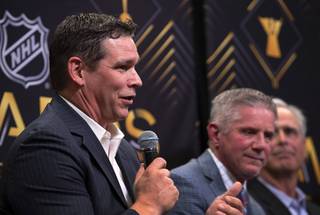 Steve Webb, left, NHLPA divisional player representative, speaks on the 2019 NHL Awards show during a news conference at T-Mobile Arena Tuesday, April 16, 2019. The 2019 NHL Awards will be held on Wednesday, June 19 at the Mandalay Bay Events Center.