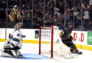 Vegas Golden Knights right wing Alex Tuch (89) celebrates after scoring on San Jose Sharks goaltender Aaron Dell (30) in the third period of Game 4 of an NHL hockey first-round playoff series at T-Mobile Arena Tuesday, April 16, 2019.