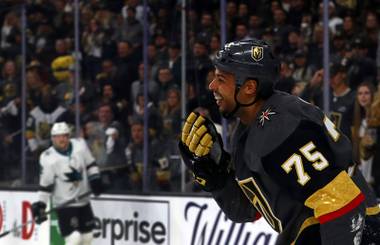 Vegas Golden Knights right wing Ryan Reaves (75) smiles in the third period of Game 4 of an NHL hockey first-round playoff series at T-Mobile Arena Tuesday, April 16, 2019.