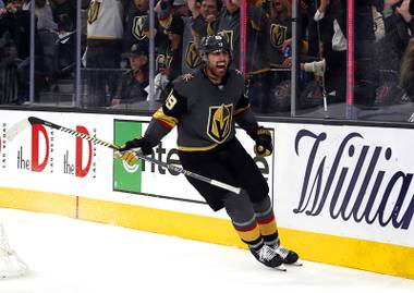 Vegas Golden Knights right wing Alex Tuch (89) celebrates after scoring in the third period of Game 4 of an NHL hockey first-round playoff series against the San Jose Sharks at T-Mobile Arena Tuesday, April 16, 2019.