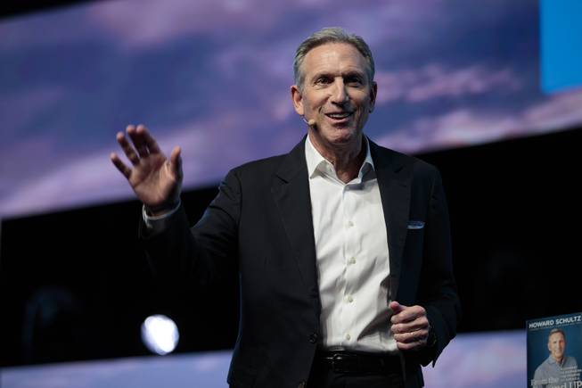 Former Starbucks CEO Howard Schultz departs the stage during the Epicor Insights conference at Mandalay Bay Wednesday, April 17, 2019.