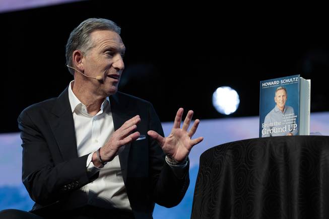Former Starbucks CEO Howard Schultz speaks during the Epicor Insights conference at Mandalay Bay Wednesday, April 17, 2019.