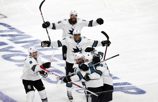 San Jose Sharks celebrate after scoring in the second overtime ...