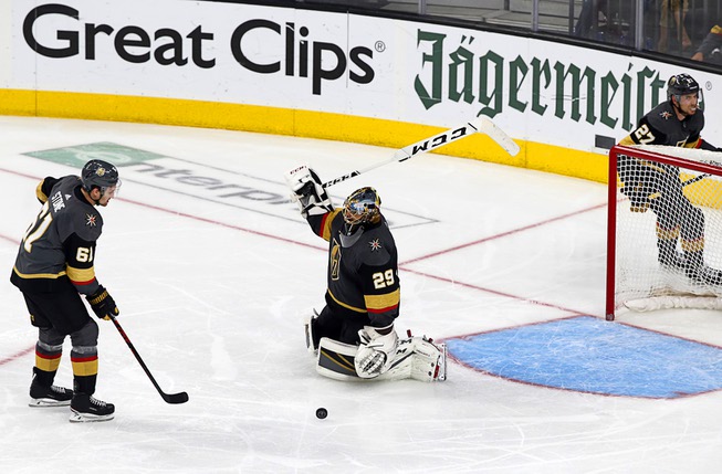Vegas Golden Knights goaltender Marc-Andre Fleury (29) reacts after being ...