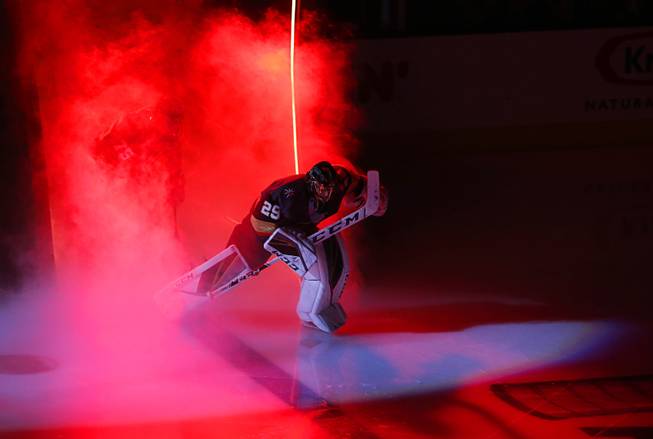 Vegas Golden Knights goaltender Marc-Andre Fleury (29) takes to the ice for Game 6 of an NHL hockey first-round playoff series against the San Jose Sharks at T-Mobile Arena Sunday, April 21, 2019.