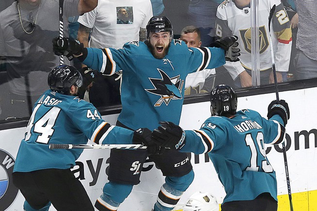 San Jose Sharks right wing Barclay Goodrow, center, celebrates with ...