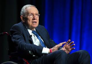 Former Senate Majority Leader Harry Reid speaks before a panel discussion with former Speaker of the House John Boehner at the Bellagio Tuesday, April 23, 2019. The panel was part of the inaugural symposium of the MGM Resorts Public Policy Institute at UNLV.