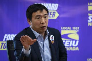 Democratic presidential candidate Andrew Yang speaks during the Humanity First Tour at Nevada Service Employees International Union in Las Vegas Wednesday, April 24, 2019.