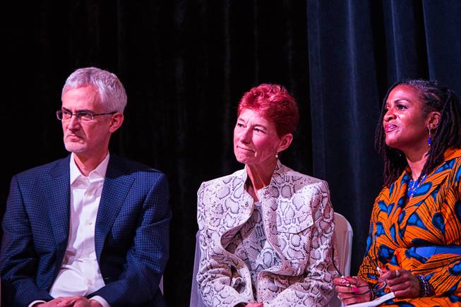 Rory Reid, left, Beverly Rogers, center, and Michelle Sanders, all with the Rogers Foundation sit during a presentation of scholarships for Clark County high school seniors in which $2.2 million was awarded at the Industrial Event Space Saturday April 27, 2019.