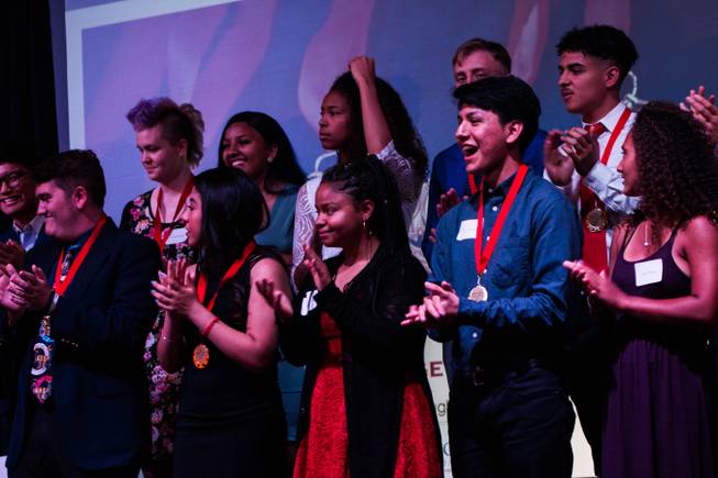 Clark County high school seniors celebrate after being awarded scholarships by the Rogers Foundation Saturday April 27, 2019.