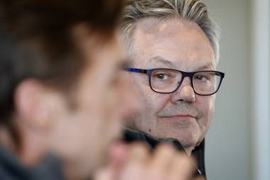 Kelly McCrimmon, right, new general manager of the Vegas Golden Knights hockey team, listens as President of Hockey Operations George McPhee, left, speaks at a news conference Thursday, May 2, 2019, in Las Vegas. (AP Photo/John Locher)