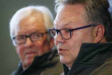 Kelly McCrimmon, right, new general manager of the Vegas Golden Knights hockey team, speaks beside owner Bill Foley at a news conference Thursday, May 2, 2019, in Las Vegas. The Vegas Golden Knights have promoted McCrimmon to general manager and kept George McPhee as president of hockey operations. (AP Photo/John Locher)