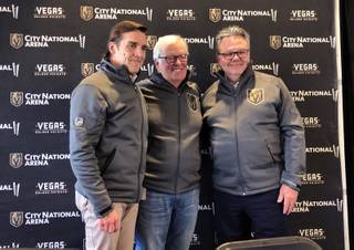From left, George McPhee, Bill Foley, and Kelly McCrimmon pose for a photo after a press conference announcing McCrimmon's promotion to Golden Knights general manager Thursday, May 2, 2019. Justin Emerson/Las Vegas Sun