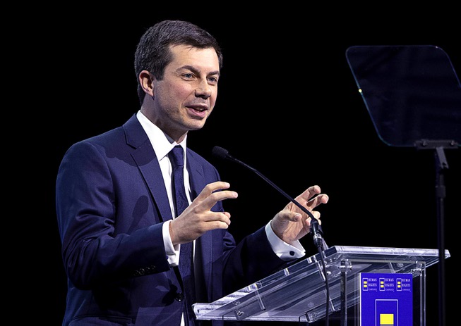 Democratic presidential candidate Pete Buttigieg speaks during the Human Rights ...