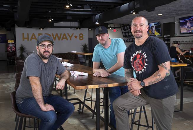 Owners Bryant Jane, left, and Lyle Cervenka, center, with consulting chef Johnny Church at the Hardway 8, 46 S. Water St., in downtown Henderson, May 14, 2019.