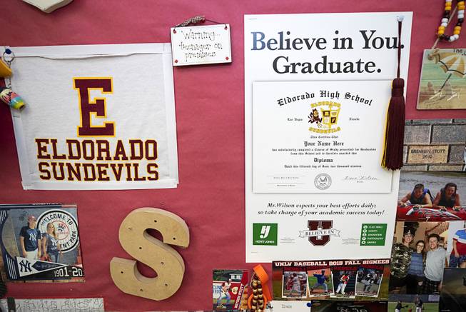 A bulletin board is shown in Shana Stott's classroom at Eldorado High School Tuesday, May 14, 2019. Stott is an Eldorado HS graduate and has worked at the school for more than 20 years.