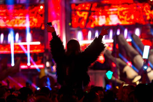 Festival-goers cheer as Tiesto plays the Kinetic Stage during night 2 of EDC, Saturday May 18, 2019.