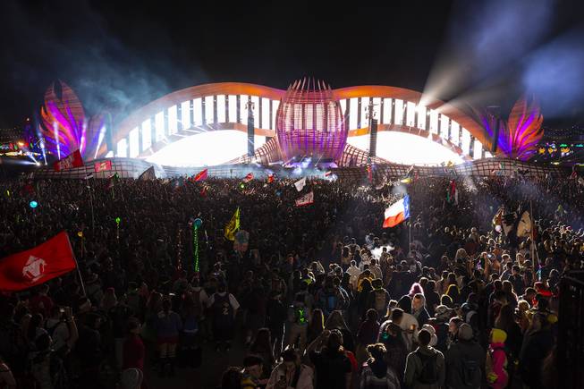 Festival-goers watch a performance by Chris Lake during night three of the Electric Daisy Carnival at the Las Vegas Motor Speedway Monday, May 20, 2019.