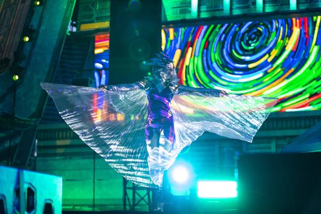 A performer dances on stage while Jamie Jones performs during night three of the Electric Daisy Carnival at the Las Vegas Motor Speedway Monday, May 20, 2019.