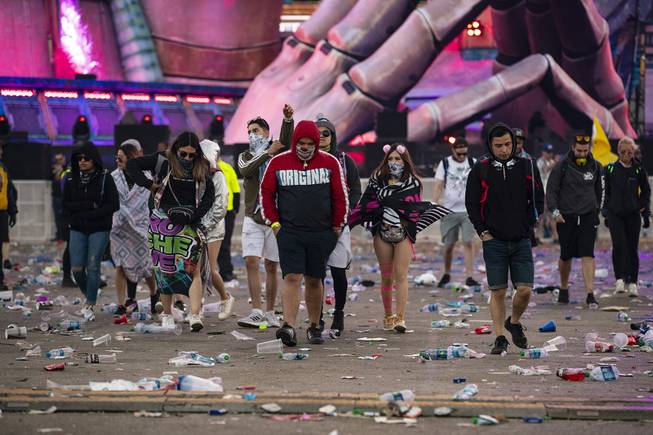 Festival-goers depart at the closing of the Electric Daisy Carnival at the Las Vegas Motor Speedway Monday, May 20, 2019.