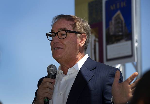 Tim Downey, CEO of Southern Land Company (SLC), speaks during a groundbreaking ceremony for Auric, a luxury, mid-rise apartment complex, at Symphony Park in downtown Las Vegas, May 21, 2019. The complex will be built on six acres of vacant land north of the Smith Center for the Performing Arts.