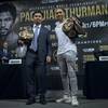 Manny Pacquiao, left, and Keith Thurman pose for a picture during a news conference on Tuesday, May 21, 2019, in New York. The two are scheduled to fight in a welterweight world championship boxing bout on Saturday, July 20, in Las Vegas.