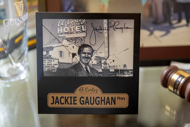A photo of former El Cortez casino owner Jackie Gaughan is shown on a table in an administrative office the El Cortez in downtown Las Vegas Wednesday, May 22, 2019. Gaughan passed away in 2014.