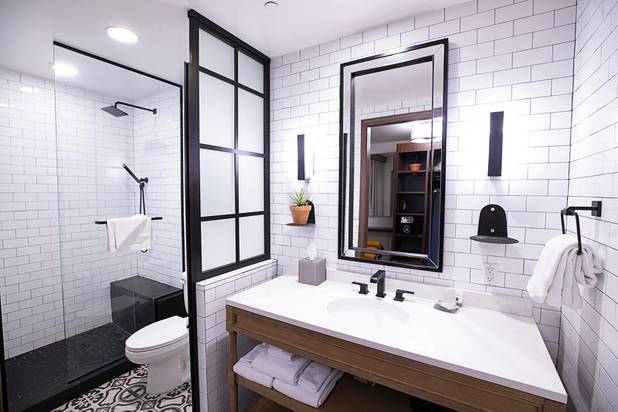 A bathroom is shown in a renovated tower room at the El Cortez in downtown Las Vegas Wednesday, May 22, 2019.