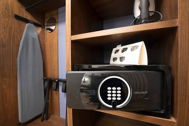An ironing board and safe are provided in the enovated tower rooms at the El Cortez in downtown Las Vegas Wednesday, May 22, 2019.