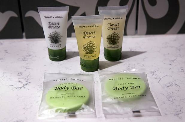 Toiletries are shown in the bathroom of a renovated Tower Premium Suite at the El Cortez in downtown Las Vegas Wednesday, May 22, 2019.