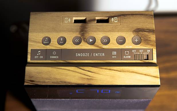 A clock radio provides USB power outlets in a renovated Tower Premium Suite at the El Cortez in downtown Las Vegas Wednesday, May 22, 2019.