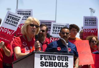 Vikki Courtney, president of the Clark County Education Association, speaks during a news conference in front of Durango High School Friday, May 31, 2019. Members of the teachers union threatened a strike if the legislature fails to fully fund education.