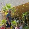 Vegas Golden Knights defender Deryk Engelland smashes a puck through the glass window of the old Henderson Convention Center as a celebration for the Vegas Golden Knights Henderson ice hockey facitity that will be built in it's place.  Monday June 3, 2019.