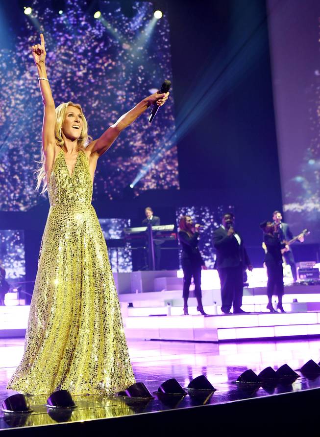 Celine Dion performs during her final show at the Colosseum at Caesars Palace on June 8.