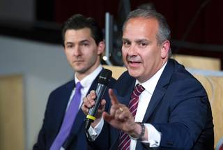 Jesus Jara, right, Clark County School District superintendent, speaks during an education town hall, organized to discuss the recent changes made during the recent legislative session, in Greenspun Hall at UNLV Wednesday, June 12, 2019. Alexander Marks, political coordinator for the Nevada State Education Association (NSEA), listens at left.