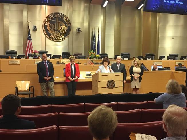 Mayor Pro Tempore Lois Tarkanian gives a farewell speech during her final Las Vegas City Council meeting. She's joined by other members of the council, including the retiring Bob Coffin (immediate right).