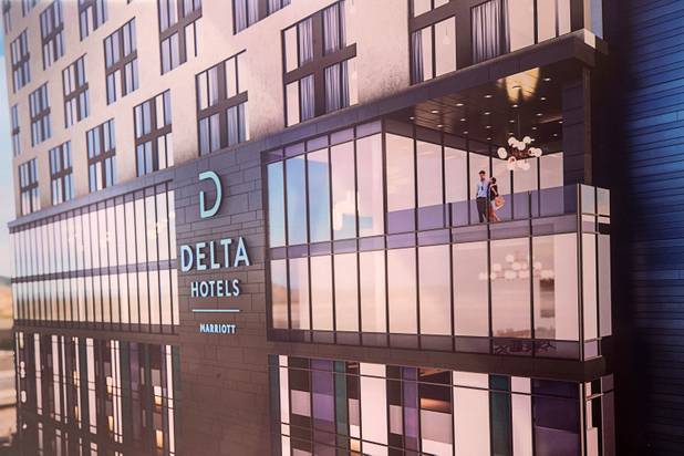 An artist's rendering shows an exterior view during a CAI Investments groundbreaking ceremony for a new Delta Hotel by Marriott at the southwest corner of Flamingo Road and Valley View Boulevard Wednesday, June 26, 2019.