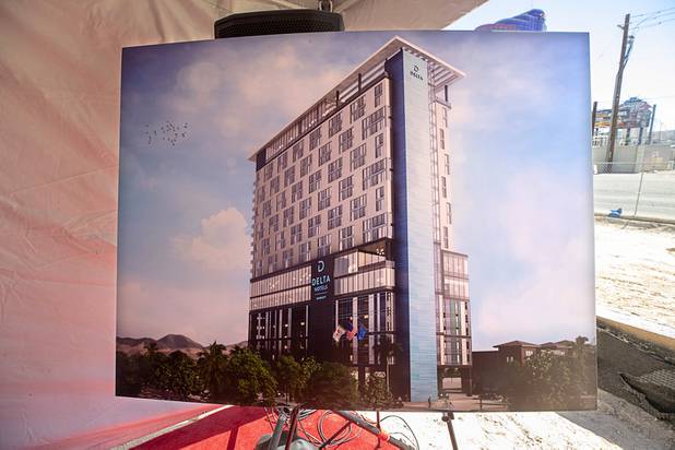 An artist's rendering showing an exterior view is displayed during a CAI Investments groundbreaking ceremony for a new Delta Hotel by Marriott at the southwest corner of Flamingo Road and Valley View Boulevard Wednesday, June 26, 2019.