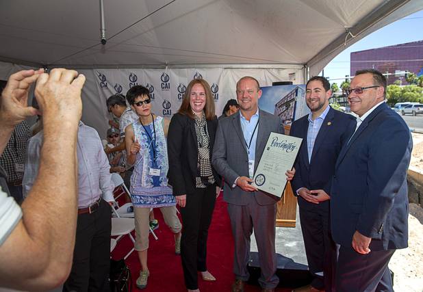 Executives pose for a photo during a CAI Investments groundbreaking ceremony for a new Delta Hotel by Marriott at the southwest corner of Flamingo Road and Valley View Boulevard Wednesday, June 26, 2019. From left: Jennifer McLennan, global brand leader for Delta Hotel by Marriott, Christopher Beavor, CEO of CAI Investments, Michael Naft, left, Clark County commissioner, and Michael Metcalf, COO of Crescent Hotels and Resorts.