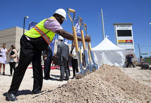 Marcus Jennings arranges shovels for a CAI Investments groundbreaking ceremony for a new Delta Hotel by Marriott at the southwest corner of Flamingo Road and Valley View Boulevard Wednesday, June 26, 2019.