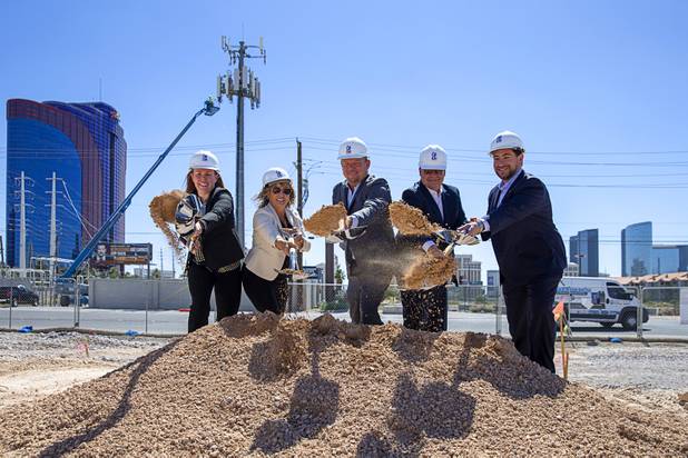 Executives and Clark County Commissioner Michael Naft, far right, participate in a CAI Investments groundbreaking ceremony for a new Delta Hotel by Marriott at the southwest corner of Flamingo Road and Valley View Boulevard Wednesday, June 26, 2019. From left:  Jennifer McLennan, global brand leader for Delta Hotels by Marriott, Dawn Gallagher, chief sales and marketing officer for Crescent Hotels and Resorts, Christopher Beavor, CEO of CAI Investments, Michael Metcalf, COO of Crescent Hotels and Resorts and Clark County Commissioner Michael Naft.