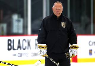 Golden Knights coach Gerard Gallant watches players during the team's development camp at City National Arena in Summerlin Wednesday, June 26, 2019.