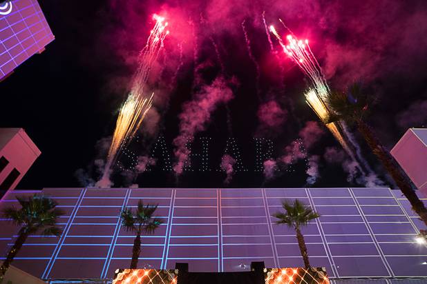 Lighted drones spell out "Sahara" as fireworks explode during an event celebrating the return of the Sahara name to the SLS Las Vegas Thursday, June 27, 2019.