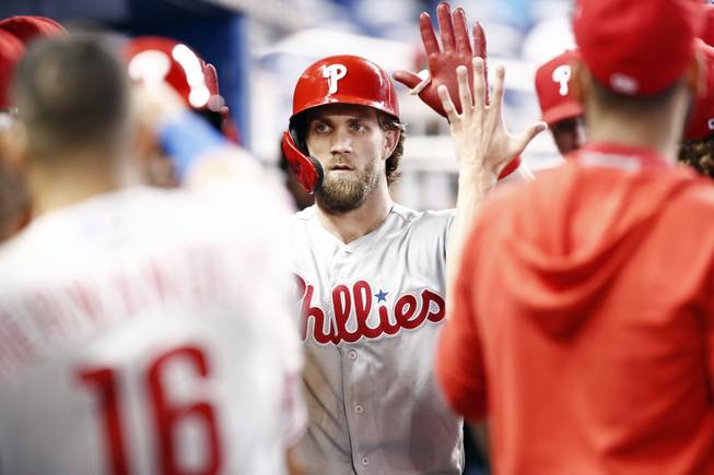 Bryce Harper celebrates after hitting a two-run home run June 30, 2019, against the Miami Marlins.