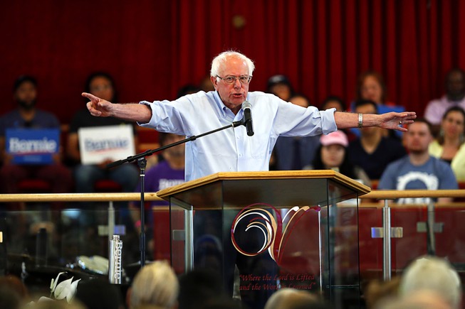 Democratic presidential candidate Sen. Bernie Sanders, I-Vt., speaks during a ...
