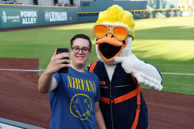 Las Vegas Aviators mascot Spruce the Goos poses for a ...