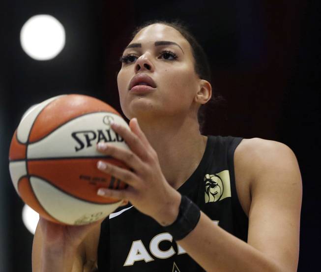 Las Vegas Aces' Liz Cambage, of Australia, makes a foul shot during a game against the New York Liberty, Sunday, June 9, 2019 in White Plains, N.Y. The Liberty won 88-78.