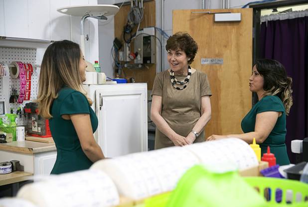 Sen. Jacky Rosen, center, D-Nev., chats with owners Cindy Soto, left and her sister Marylou Soto at Lazer Ladies, a veteran-owned small business, in North Las Vegas Friday, July 12, 2019. Rosen unveiled her Veterans Jobs Opportunity Act which will provide tax credit for veterans who start a small business in underserved communities.