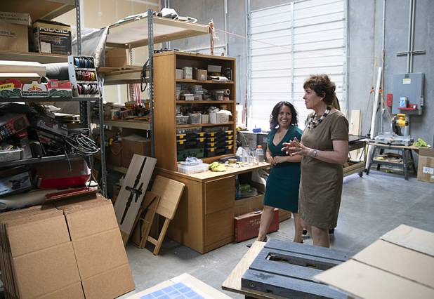 Sen. Jacky Rosen, right, D-Nev., gets a tour of Lazer Ladies, a veteran-owned small business, with co-owner Marylou Soto in North Las Vegas Friday, July 12, 2019. Rosen unveiled her Veterans Jobs Opportunity Act which will provide tax credit for veterans who start a small business in underserved communities.