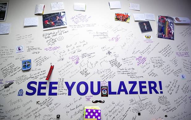 Customer comments are shown on a wall at Lazer Ladies, a veteran-owned small business, in North Las Vegas Friday, July 12, 2019. Air Force customers sign the wall before leaving on deployments. Sen. Jacky Rosen, D-Nev. visited the business to unveil her Veterans Jobs Opportunity Act which will provide tax credit for veterans who start a small business in underserved communities.